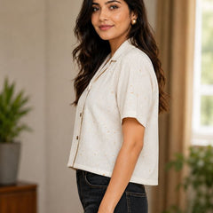 Printed Cotton Shirt Style Crop Top