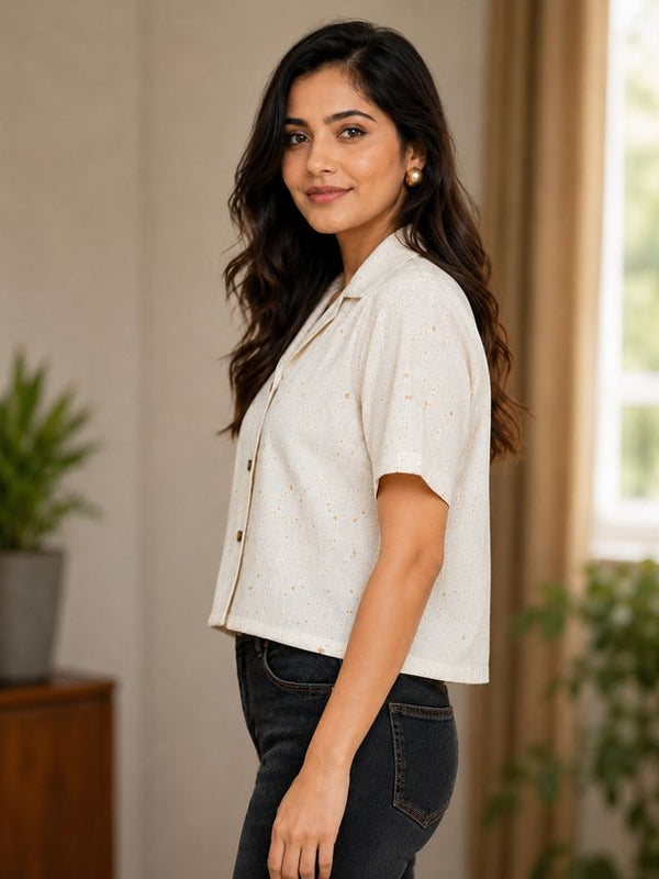 Printed Cotton Shirt Style Crop Top