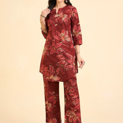 Floral Printed Pure Cotton Co-Ord Set with Palazzo – Red