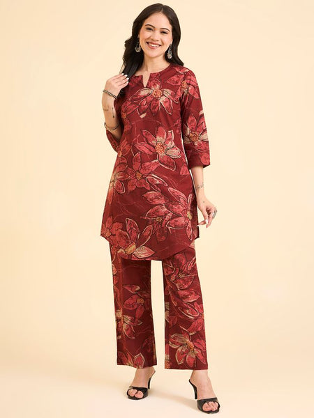 Floral Printed Pure Cotton Co-Ord Set with Palazzo – Red