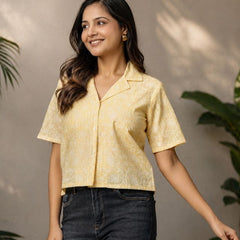 Printed Cotton Lurex Shirt Style Crop Top