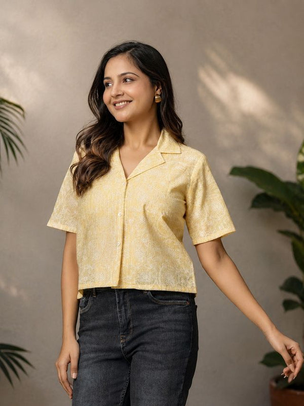 Printed Cotton Lurex Shirt Style Crop Top