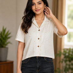 Printed Cotton Shirt Style Crop Top
