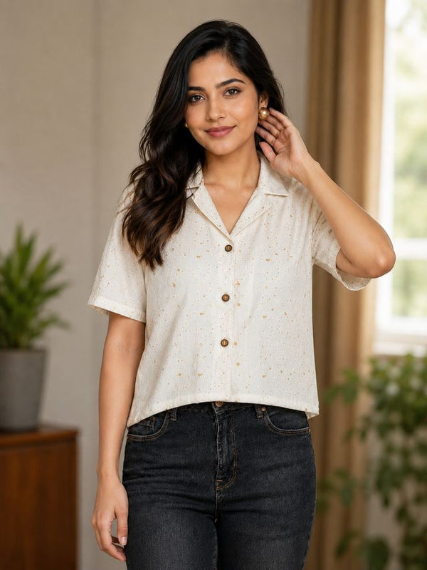 Printed Cotton Shirt Style Crop Top