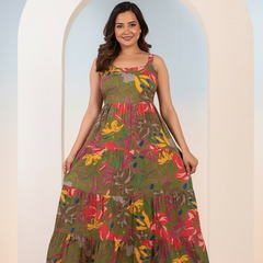 Floral Printed Round Neck Tiered Fit & Flare Midi Ethnic Dress