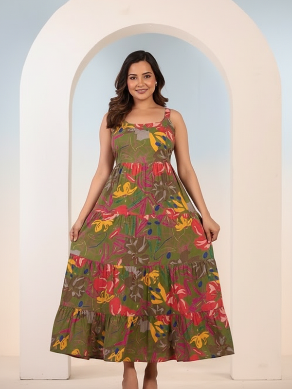 Floral Printed Round Neck Tiered Fit & Flare Midi Ethnic Dress