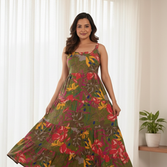 Floral Printed Round Neck Tiered Fit & Flare Midi Ethnic Dress