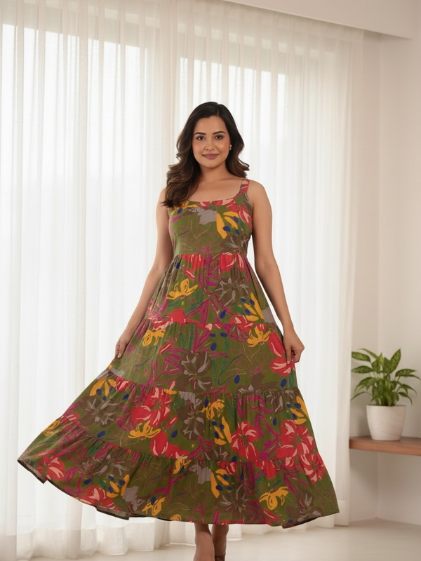Floral Printed Round Neck Tiered Fit & Flare Midi Ethnic Dress