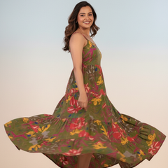Floral Printed Round Neck Tiered Fit & Flare Midi Ethnic Dress