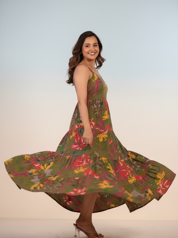 Floral Printed Round Neck Tiered Fit & Flare Midi Ethnic Dress