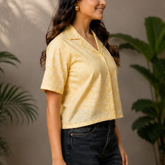 Printed Cotton Lurex Shirt Style Crop Top
