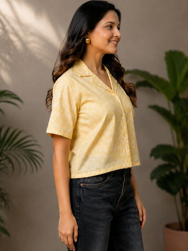 Printed Cotton Lurex Shirt Style Crop Top
