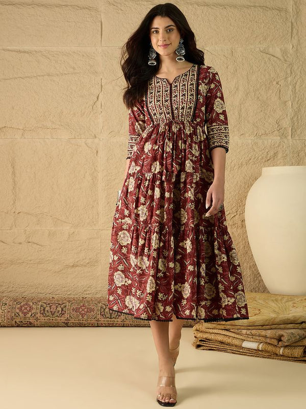 Women Floral Print Pure Cotton Fit and Flare Dress