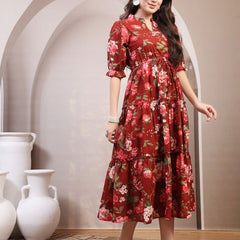 Floral Printed Pure Cotton Mandarin Collar Fit and Flare Dress