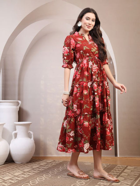 Floral Printed Pure Cotton Mandarin Collar Fit and Flare Dress
