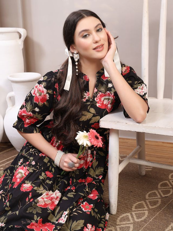 Floral Printed Pure Cotton Mandarin Collar Fit and Flare Dress