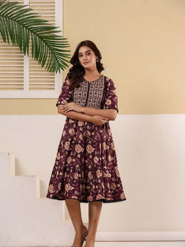 Floral Printed V-Neck Pure Cotton Fit & Flare Dress
