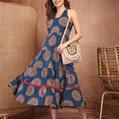 Geometric Printed Pure Cotton A-Line Ethnic Dress - Blue