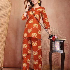 Geometric Printed Pure Cotton Co-Ord Set - Rust