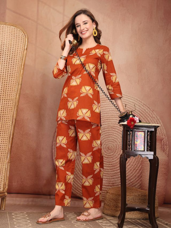 Geometric Printed Pure Cotton Co-Ord Set - Rust