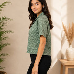 Geometric Print Cotton Lurex Shirt Style Crop Top
