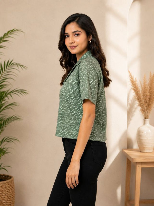 Geometric Print Cotton Lurex Shirt Style Crop Top