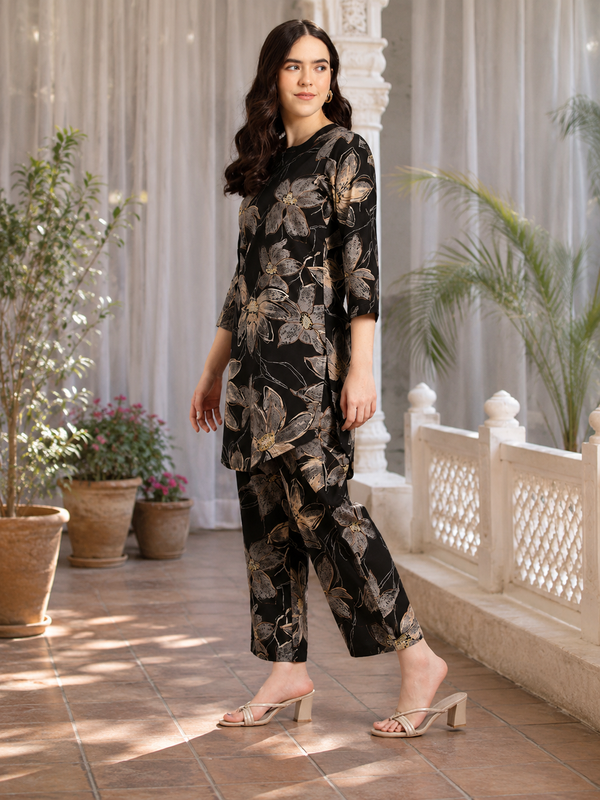 Black Floral Printed Pure Cotton Co-Ords