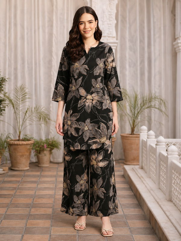 Black Floral Printed Pure Cotton Co-Ords