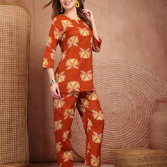 Geometric Printed Pure Cotton Co-Ord Set - Rust