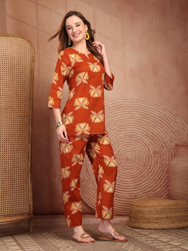 Geometric Printed Pure Cotton Co-Ord Set - Rust