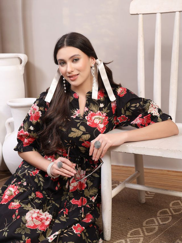 Floral Printed Pure Cotton Mandarin Collar Fit and Flare Dress