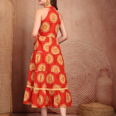 Geometric Printed Pure Cotton A-Line Ethnic Dress - Orange