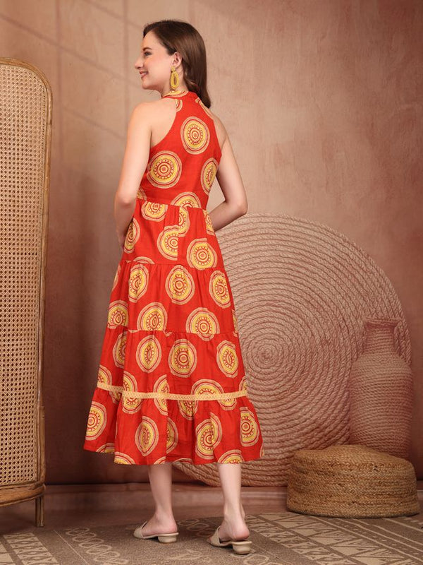 Geometric Printed Pure Cotton A-Line Ethnic Dress - Orange