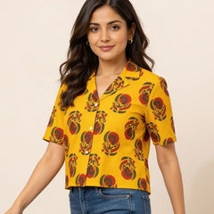 Floral Printed Cotton Shirt Style Crop Top