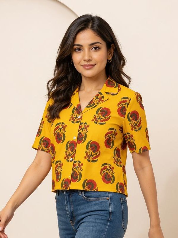 Floral Printed Cotton Shirt Style Crop Top