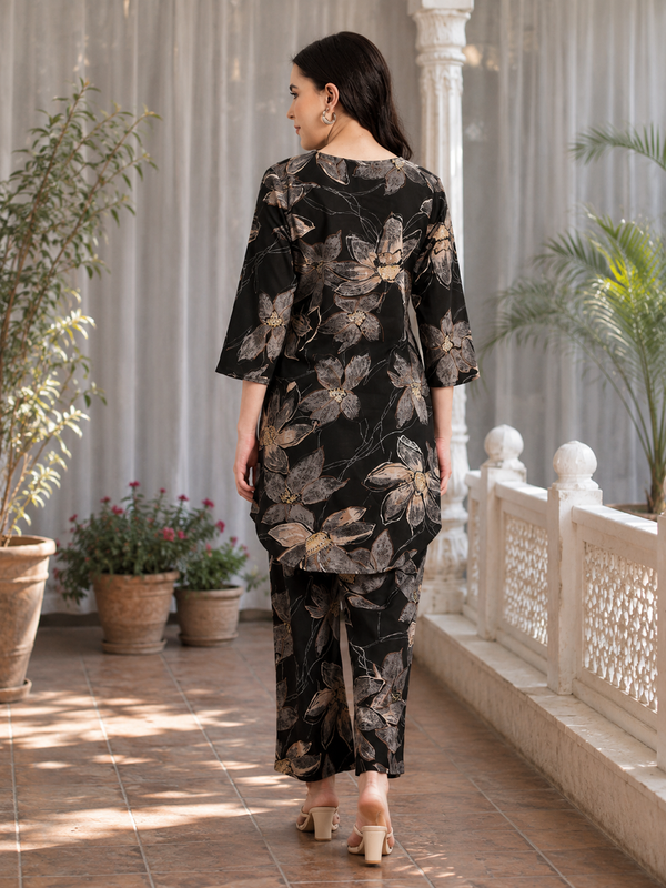Black Floral Printed Pure Cotton Co-Ords