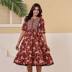 Floral Printed V-Neck Pure Cotton Fit & Flare Dress