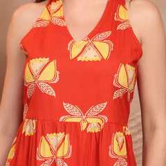 Geometric Printed Pure Cotton A-Line Ethnic Dress - Orange