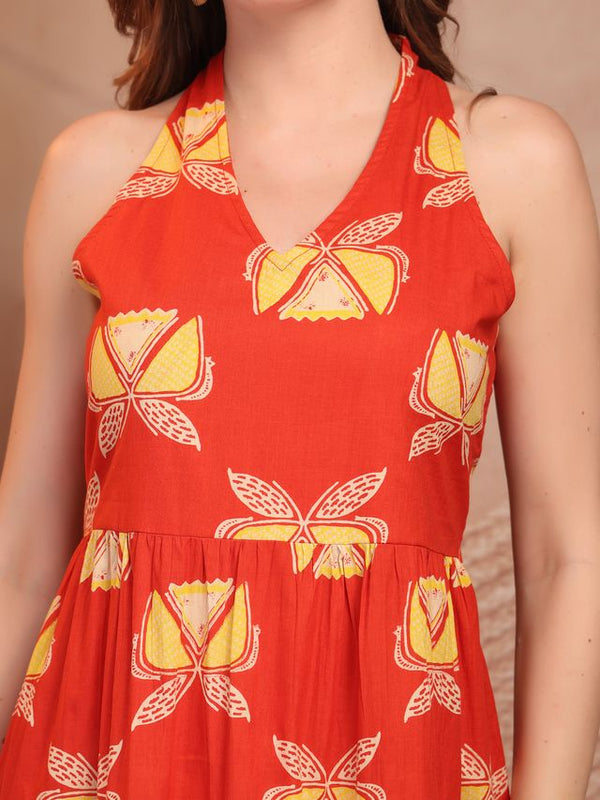 Geometric Printed Pure Cotton A-Line Ethnic Dress - Orange