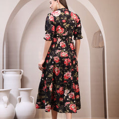 Floral Printed Pure Cotton Mandarin Collar Fit and Flare Dress