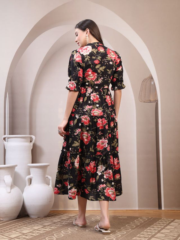 Floral Printed Pure Cotton Mandarin Collar Fit and Flare Dress