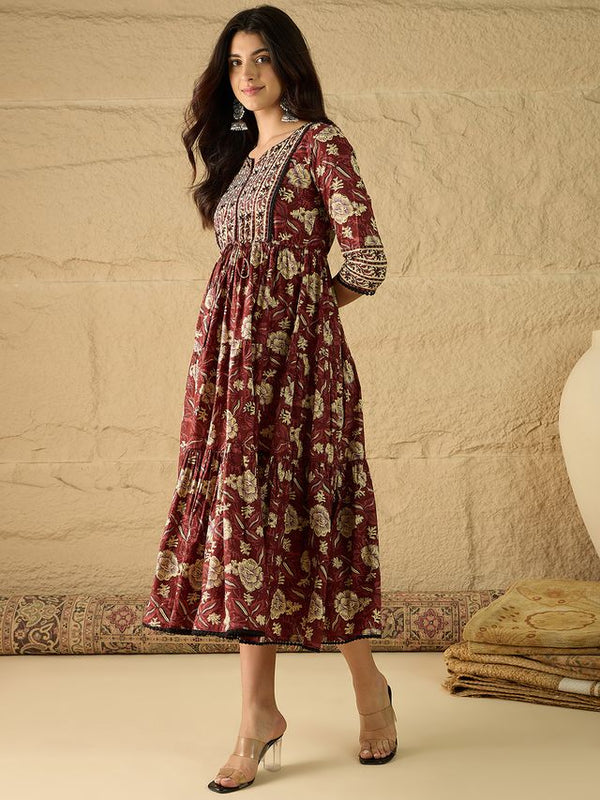 Women Floral Print Pure Cotton Fit and Flare Dress