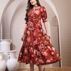 Floral Printed Pure Cotton Mandarin Collar Fit and Flare Dress