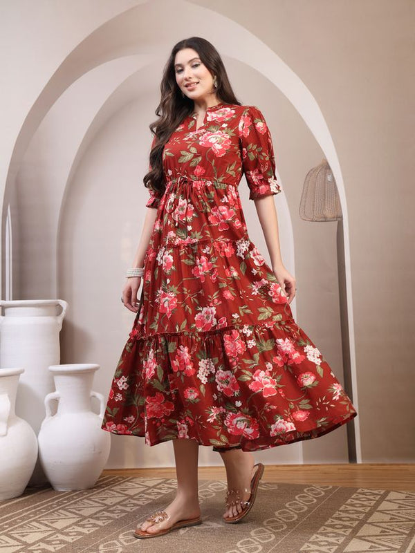 Floral Printed Pure Cotton Mandarin Collar Fit and Flare Dress