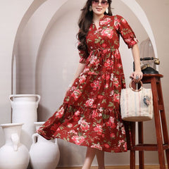 Floral Printed Pure Cotton Mandarin Collar Fit and Flare Dress