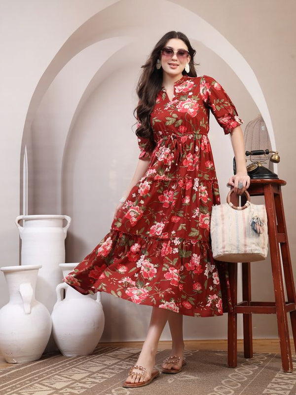 Floral Printed Pure Cotton Mandarin Collar Fit and Flare Dress