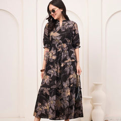 Floral Printed Pure Cotton Fit & Flare Ethnic Dress – Black