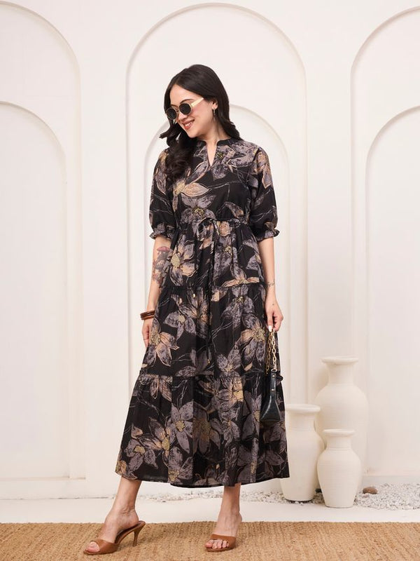 Floral Printed Pure Cotton Fit & Flare Ethnic Dress – Black