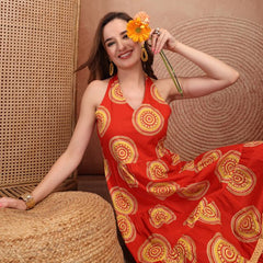 Geometric Printed Pure Cotton A-Line Ethnic Dress - Orange