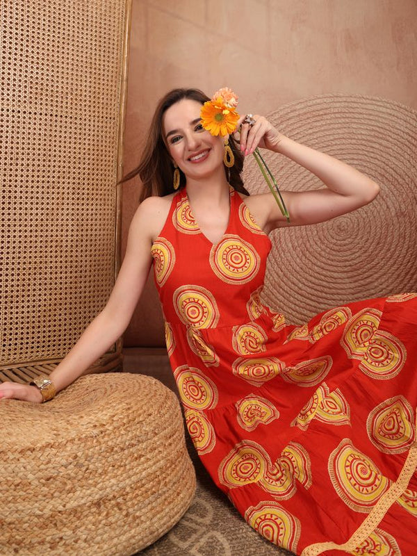 Geometric Printed Pure Cotton A-Line Ethnic Dress - Orange